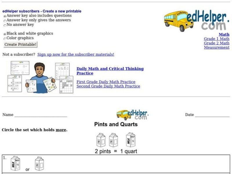 Pints and Quarts Worksheet