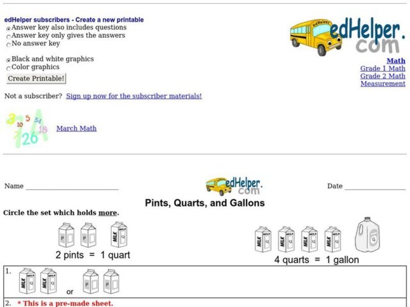 Pints, Quarts, and Gallons Worksheet