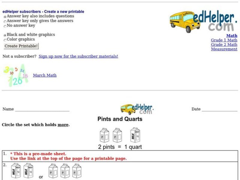 Pints and Quarts Worksheet