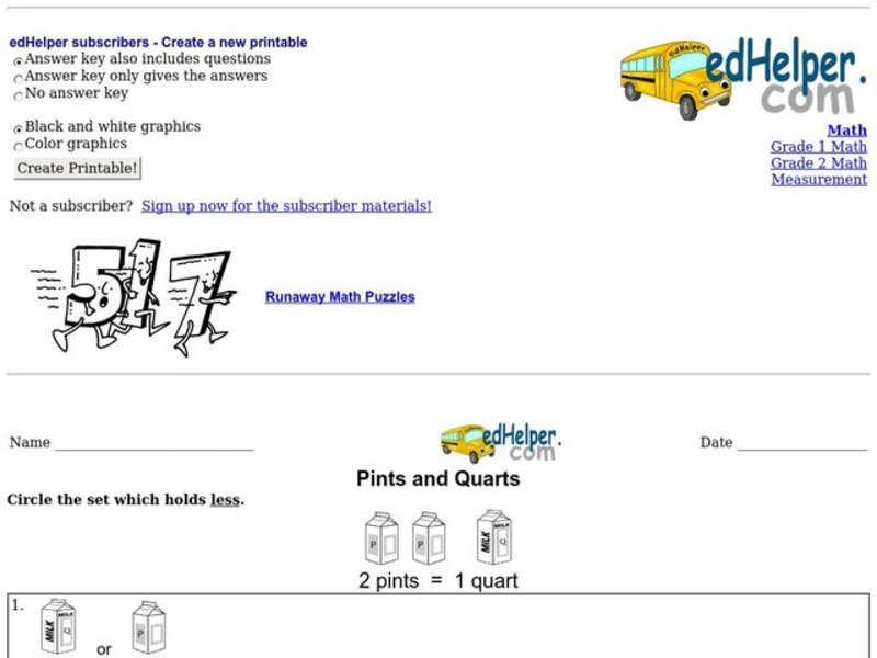 Pints and Quarts Worksheet