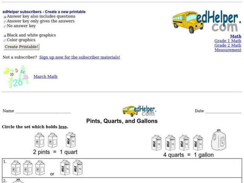 Pints, Quarts, and Gallons Worksheet