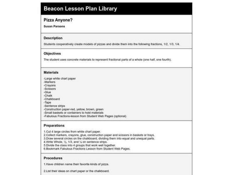 Pizza Anyone? Lesson Plan
