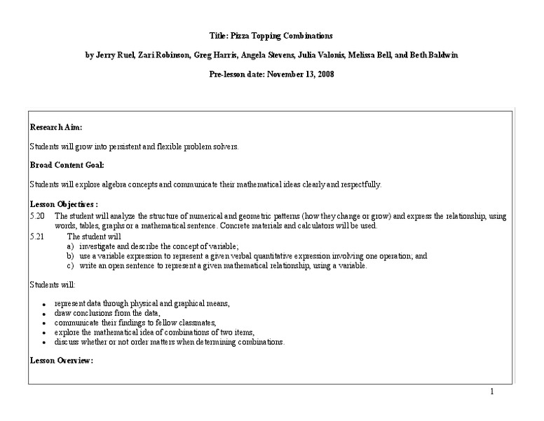 Pizza Topping Combinations Lesson Plan