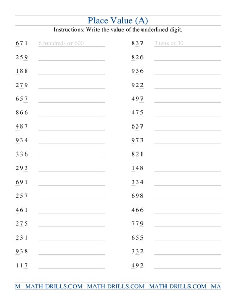 Place Value (A) Worksheet