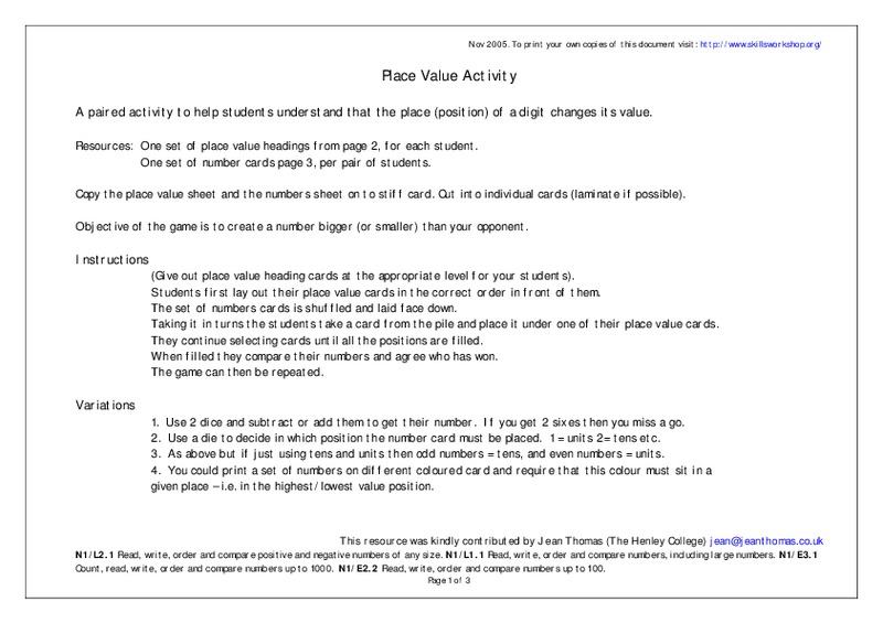 Place Value Activity Worksheet