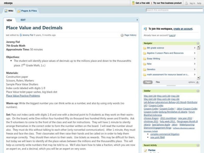 Place Value and Decimals Lesson Plan