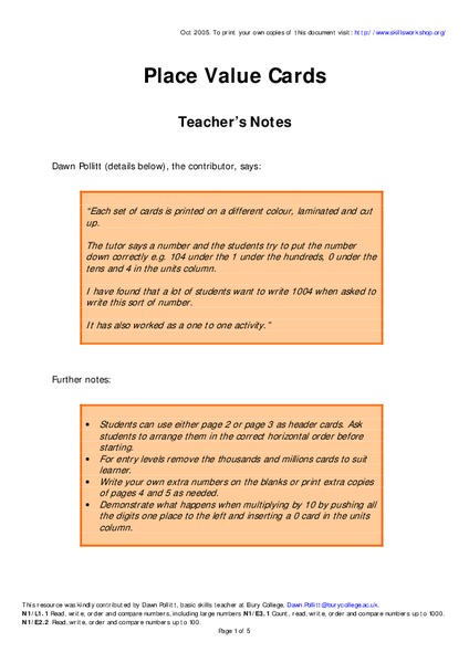Place Value Cards Worksheet