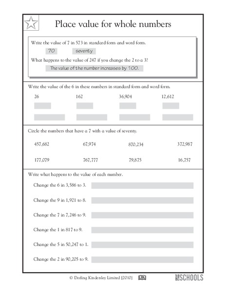 Place Value for Whole Numbers Worksheet