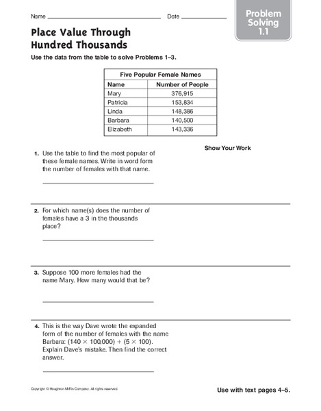Place Value Through Hundred Thousands Worksheet