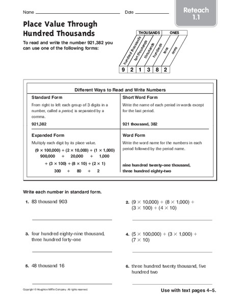 Place Value Through Hundred Thousands Worksheet