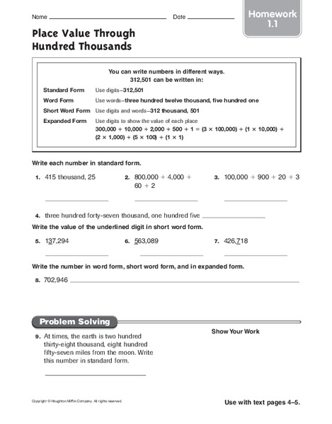 Place Value Through Hundred Thousands Worksheet
