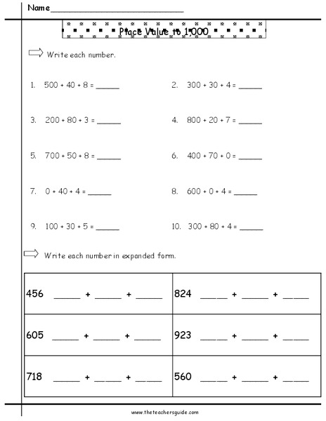 Place Value to 1,000 Worksheet