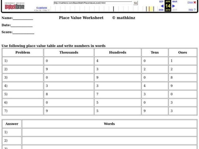 Place Value Worksheet Organizer