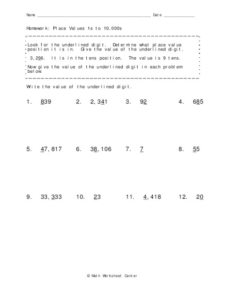 Place Values Worksheet