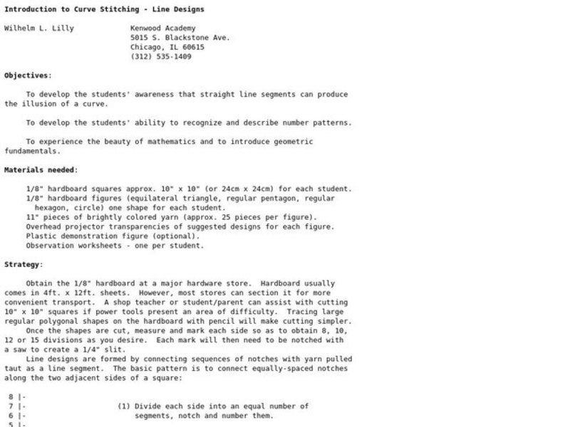 Introduction to Curve Stitching - Line Designs Lesson Plan