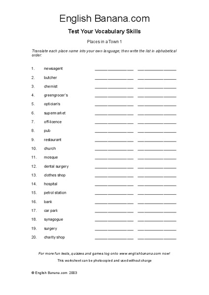 Places in a Town Worksheet