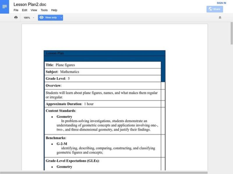 Plane Figures Lesson Plan