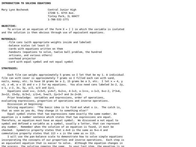 Introduction To Solving Equations Lesson Plan