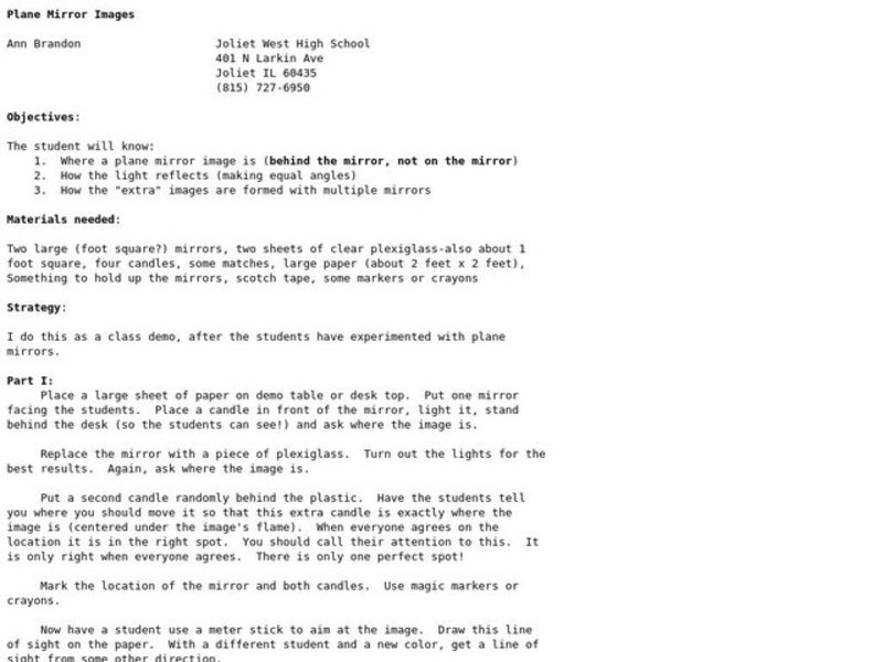 Plane Mirror Images Lesson Plan