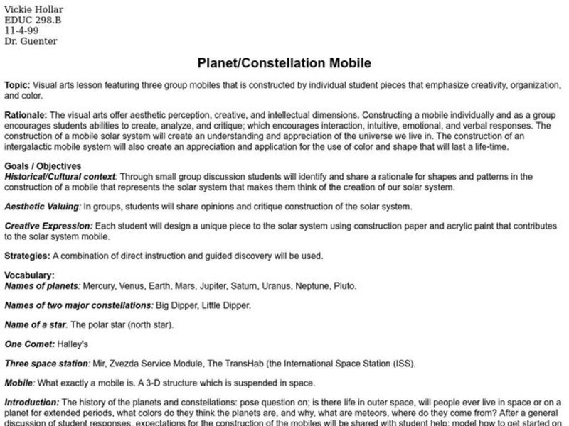 Planet/Constellation Mobile Lesson Plan