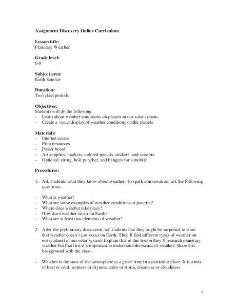 Planetary Weather Lesson Plan