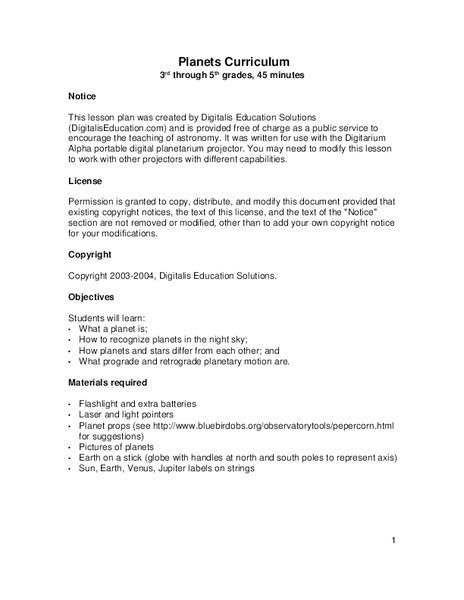 Planets Curriculum Lesson Plan