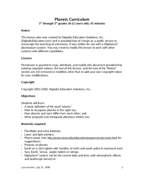Planets Curriculum Lesson Plan