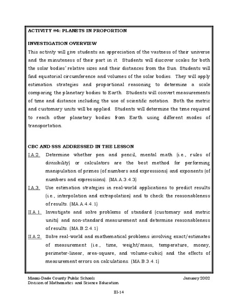 PLANETS IN PROPORTION Lesson Plan