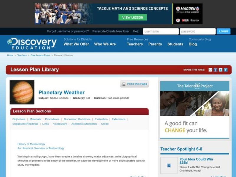 Planetary Weather Lesson Plan