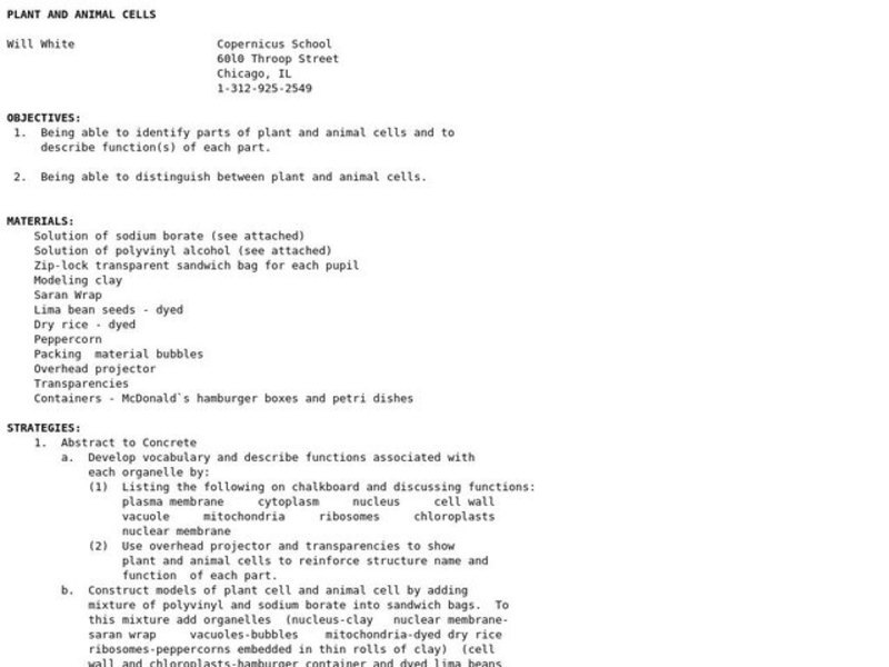 Plant And Animal Cells Lesson Plan