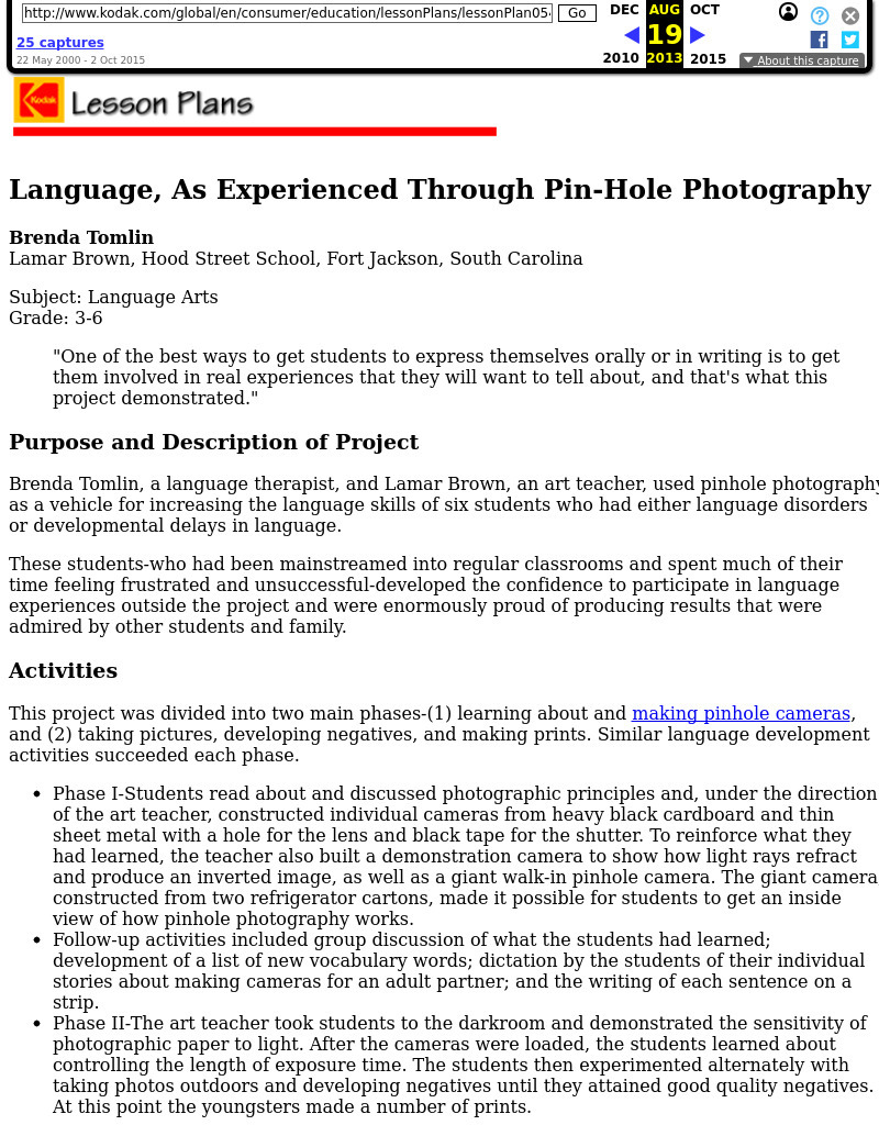 Language, As Experienced Through Pin-Hole Photography Lesson Plan