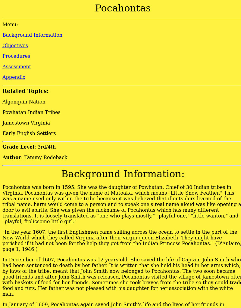 Pocahontas Lesson Plan