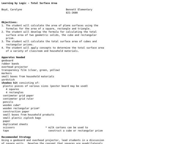 Learning by Logic - Total Surface Area Lesson Plan