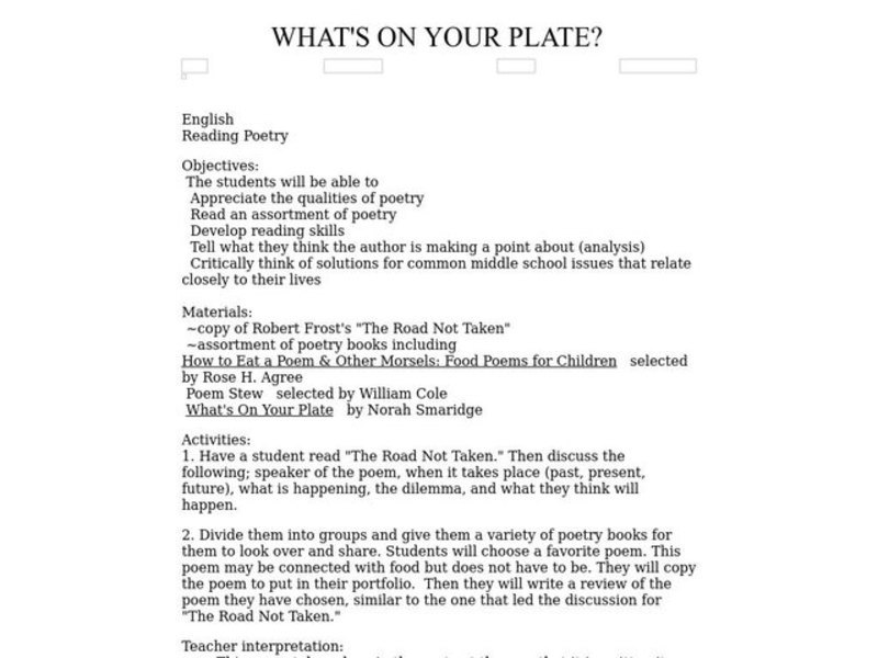 Poetry:  What's on Your Plate? Lesson Plan