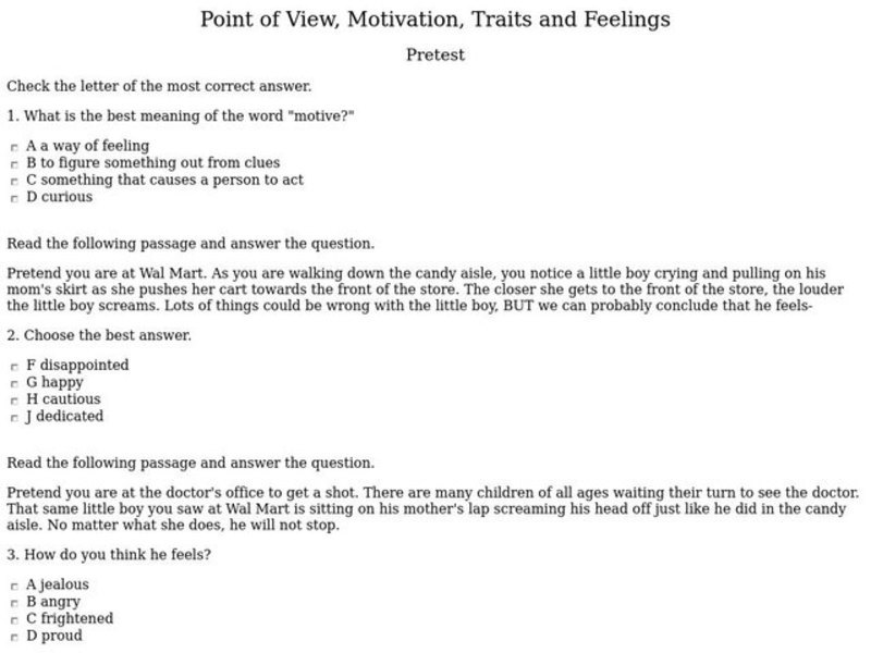Point of View, Motivation, Traits and Feelings Worksheet