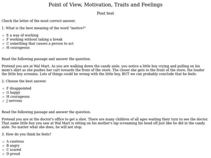 Point of View, Motivation, Traits and Feelings Worksheet