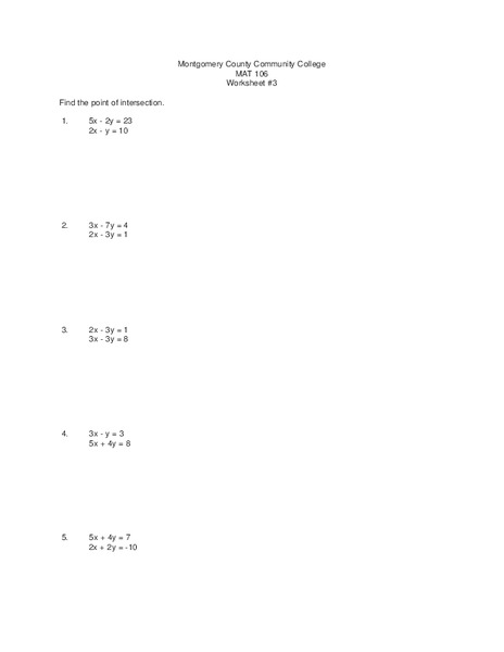 Points of Intersection Worksheet