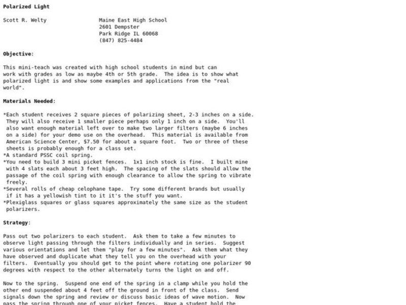 Polarized Light Lesson Plan