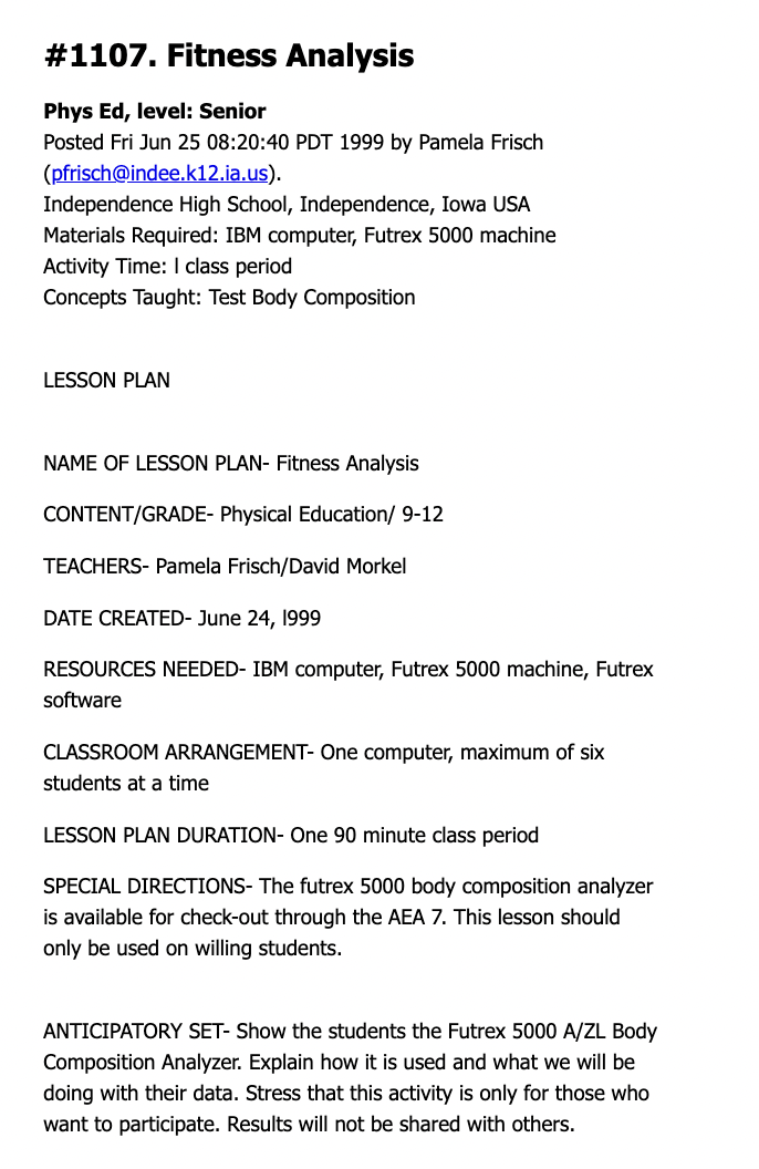 Fitness Analysis Lesson Plan