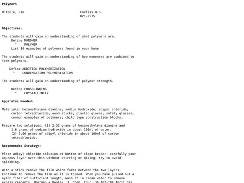 Polymers Lesson Plan