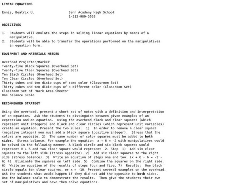 Linear Equations & Manipulatives Lesson Plan