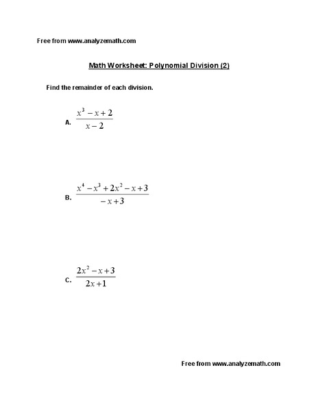 Polynomial Division Worksheet
