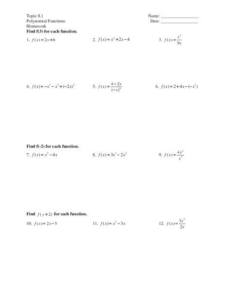 Polynomial Functions Worksheet