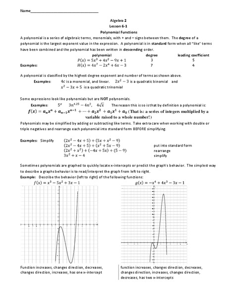 Polynomial Functions Worksheet