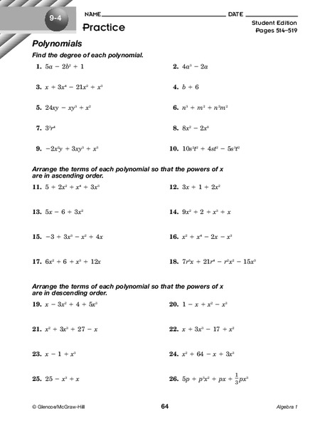 Polynomials Worksheet