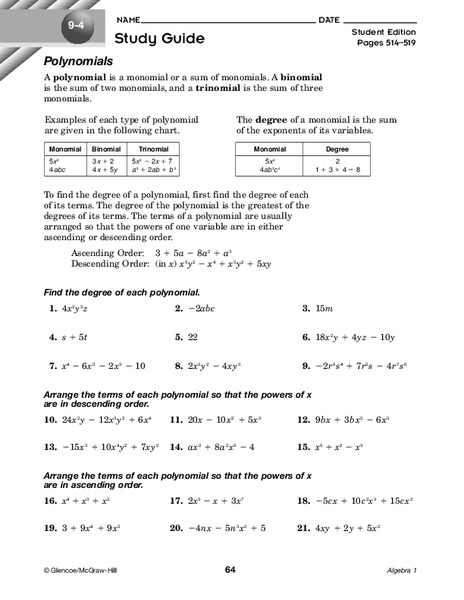 Polynomials Worksheet