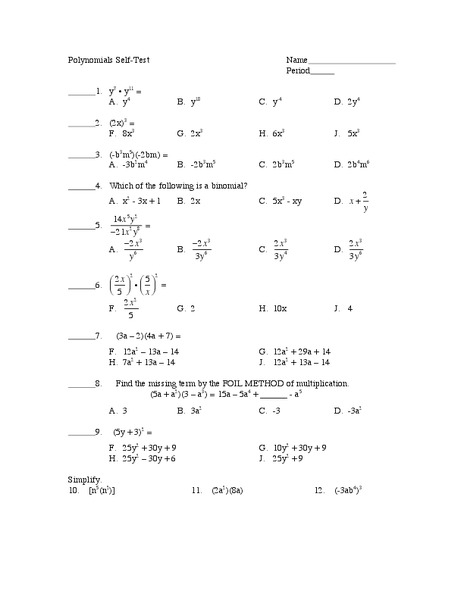 Polynomials Worksheet