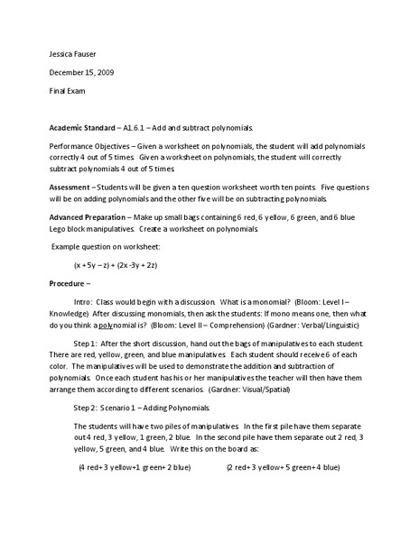 Polynomials Lesson Plan