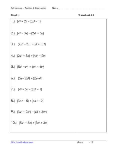 Polynomials: Addition and Subtraction Worksheet