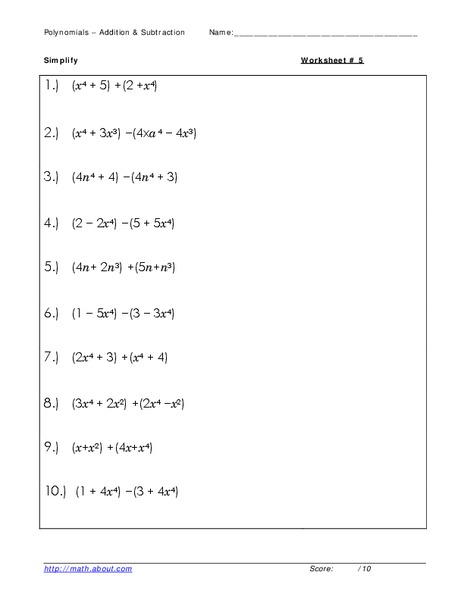 Polynomials: addition and subtraction Worksheet